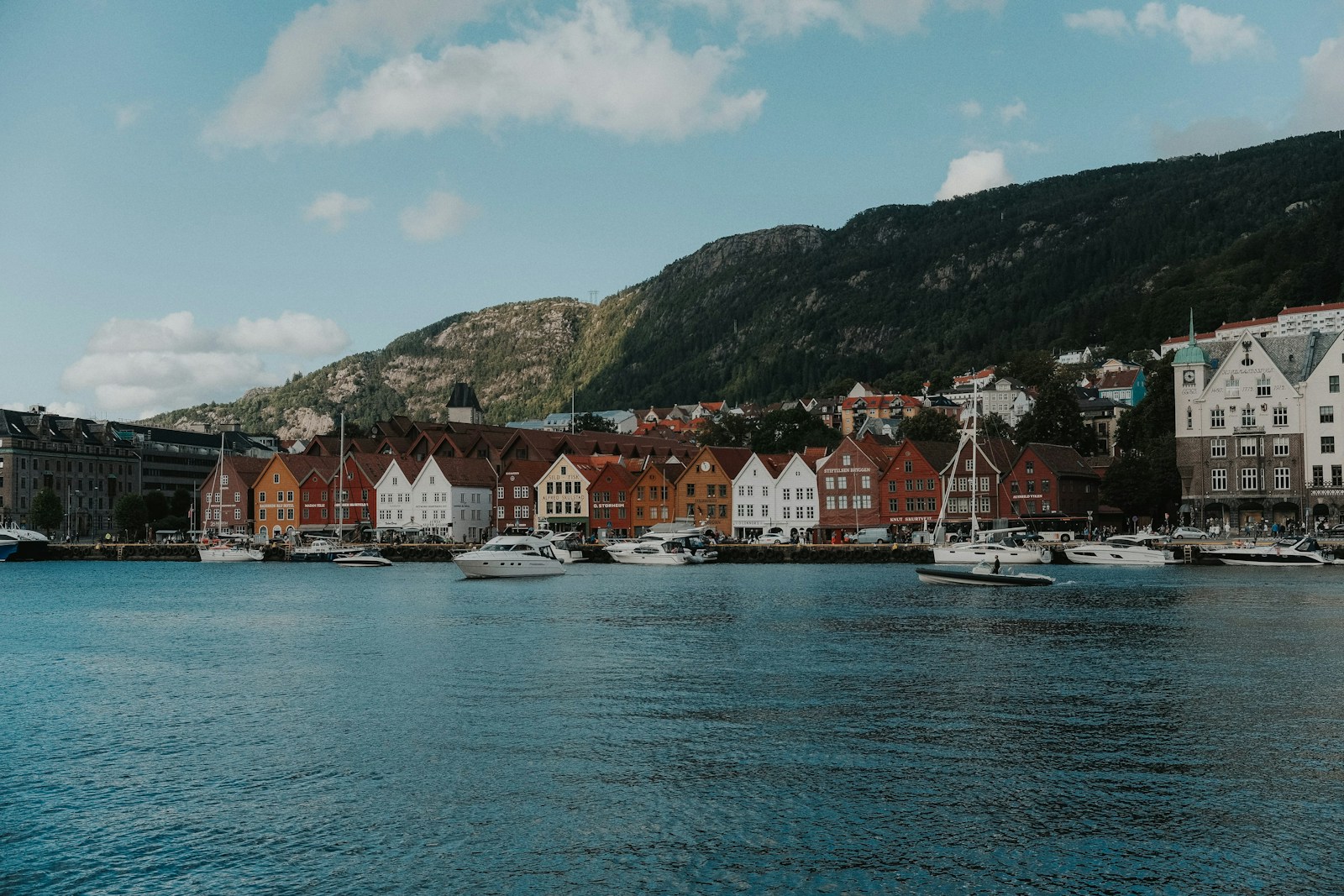 Colorful Bryggen waterfront beside Bergen harbor