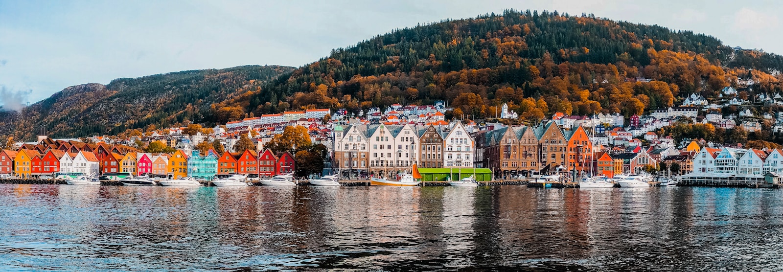 Historic Bryggen houses across the Bergen harbor